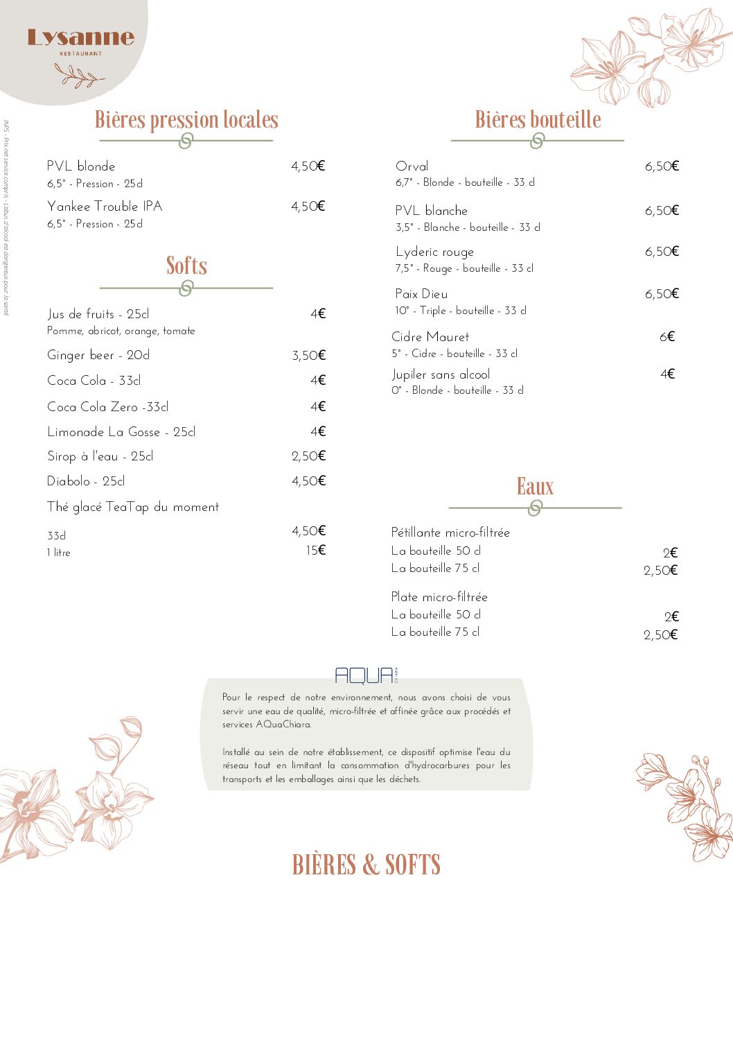 Carte des boissons Mysanne restaurant Bondues
