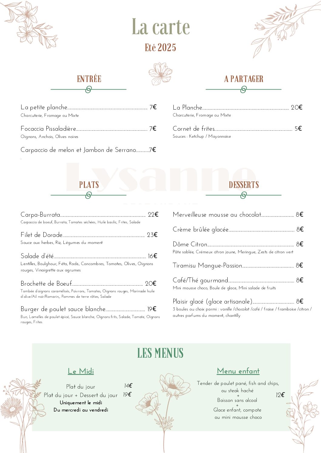 Carte printemps 2023 Lysanne restaurant Bondues