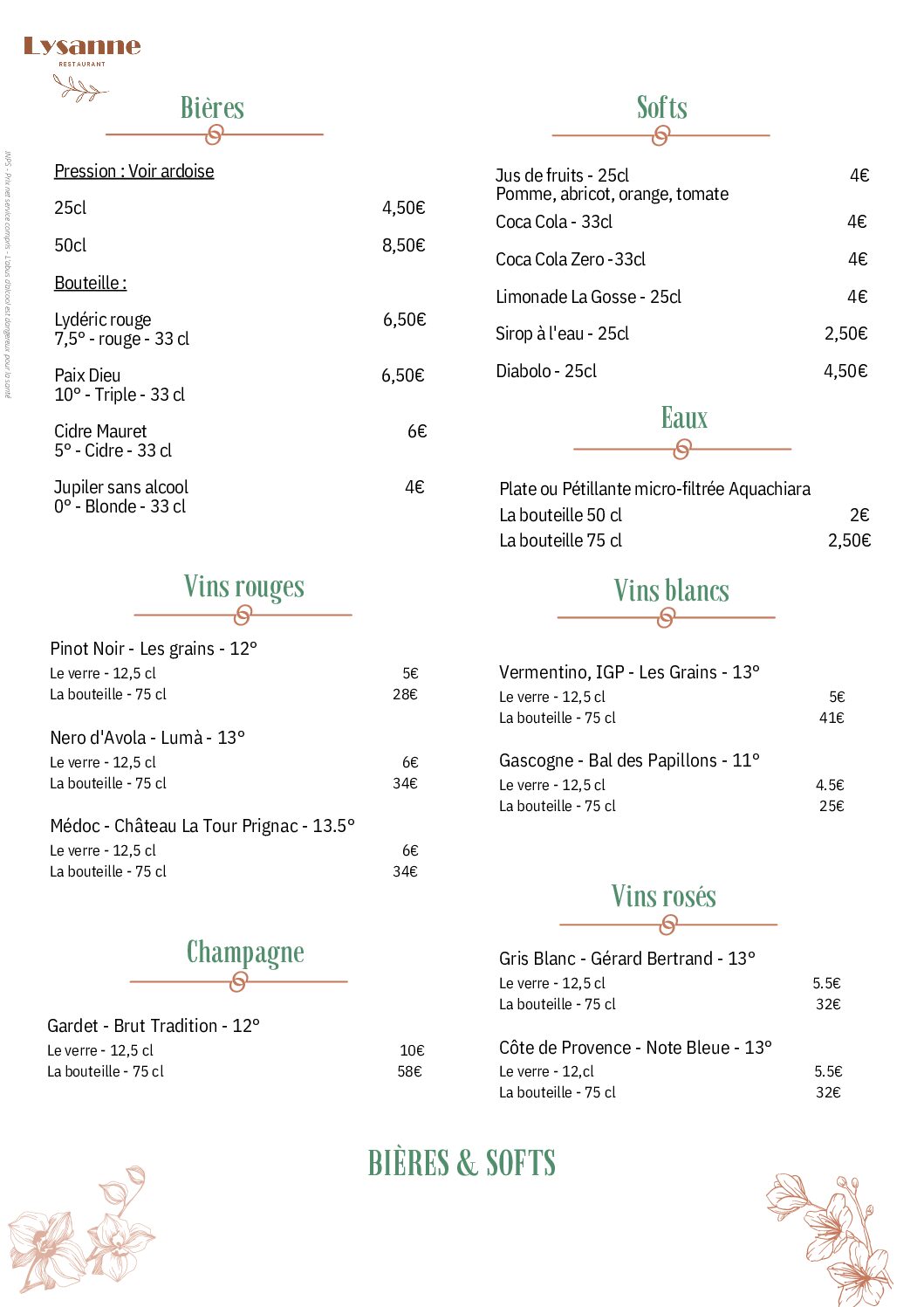 Carte des boissons Mysanne restaurant Bondues