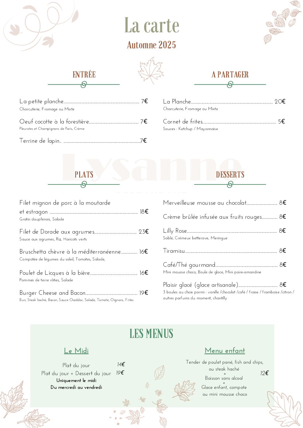 Carte printemps 2023 Lysanne restaurant Bondues